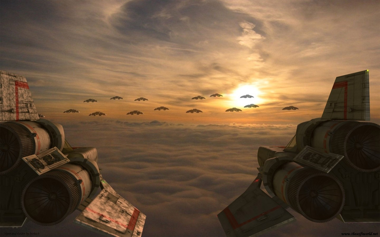 X-wing squadron at sunset