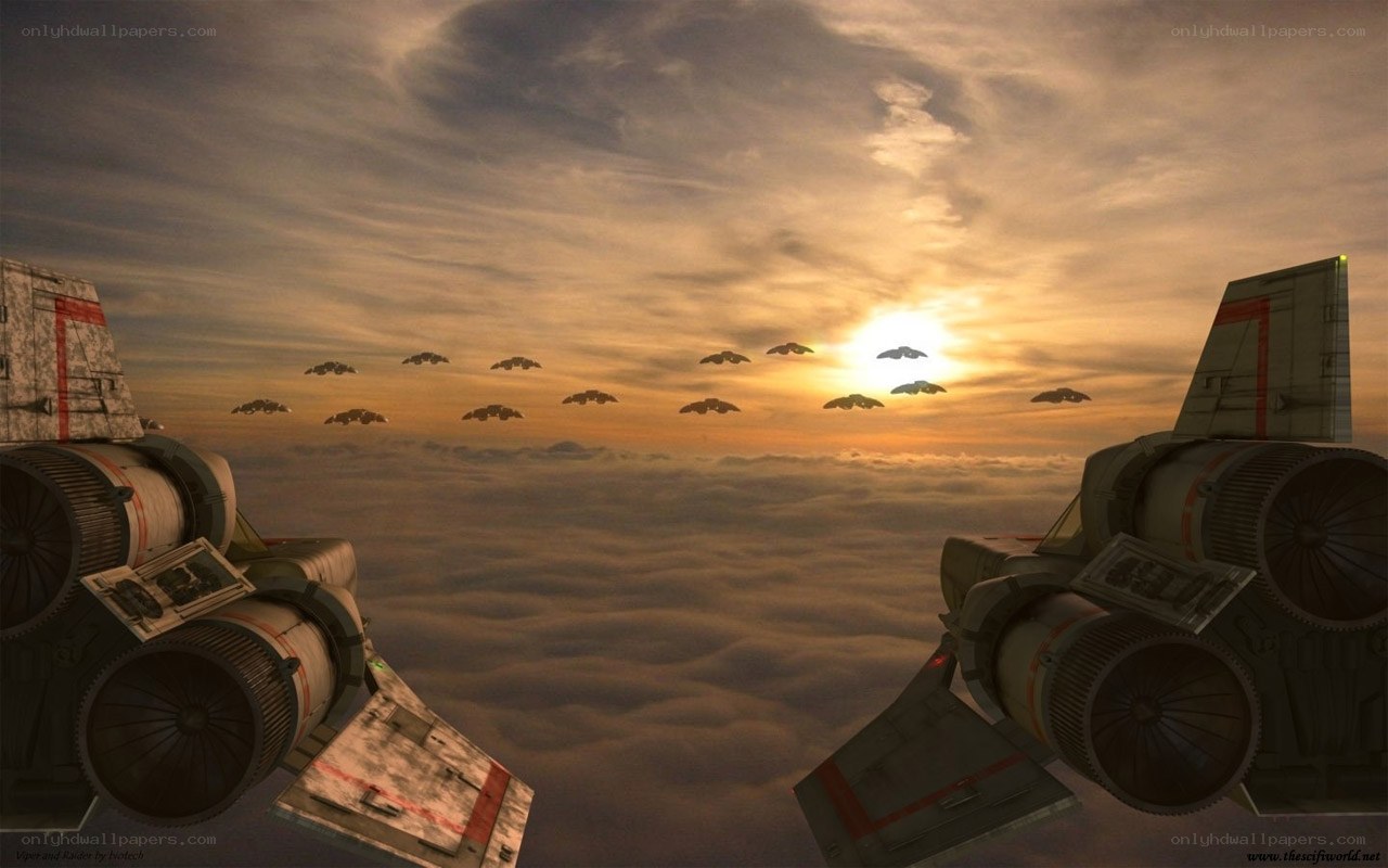 X-wing squadron at sunset