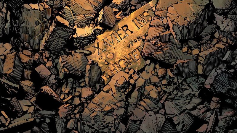 Xavier Institute sign in rubble