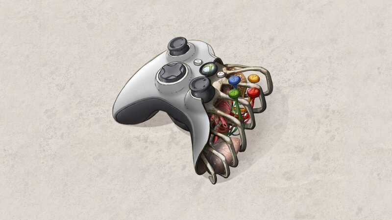 Xbox Controller with Internal Organs — Gray, Dystopian, Digital Art