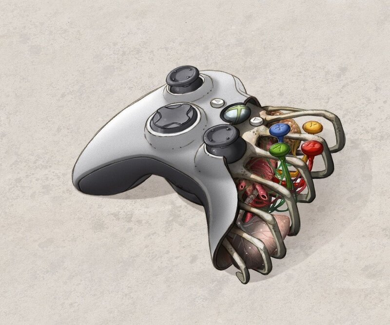 Xbox Controller with Internal Organs — Gray, Dystopian, Digital Art, Wires, Skeleton, White