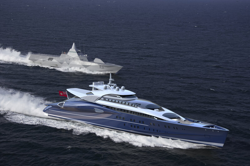 Yacht and warship at sea