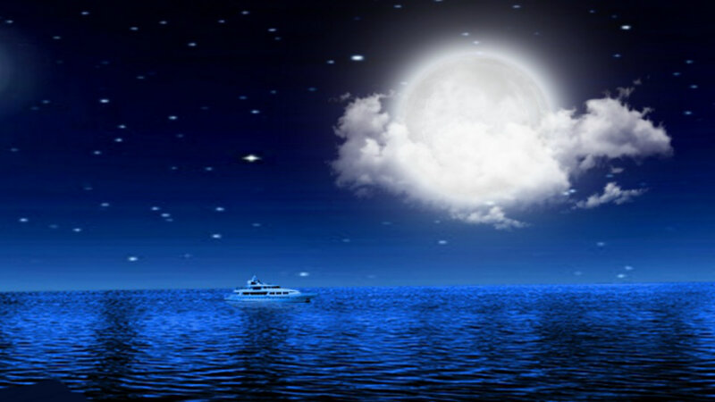 Yacht on Ocean at Night — Blue