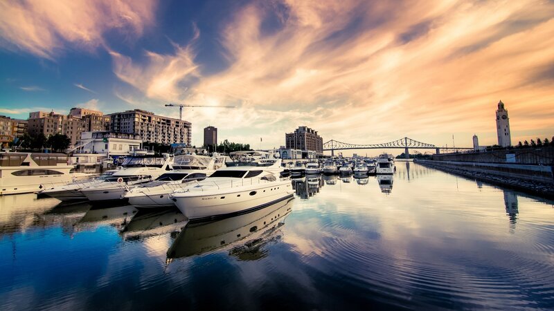 Yachts in a Harbor — Blue, Serene, Sunset, Photograph