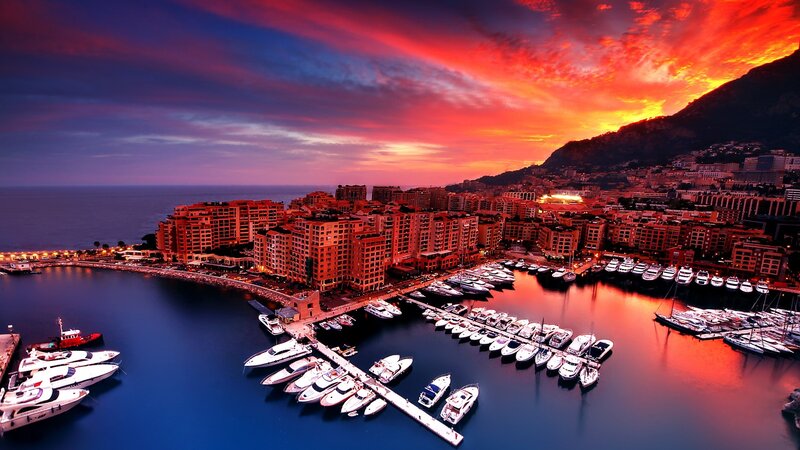 Yachts in Harbor at Sunset — Red, Dramatic, Photograph