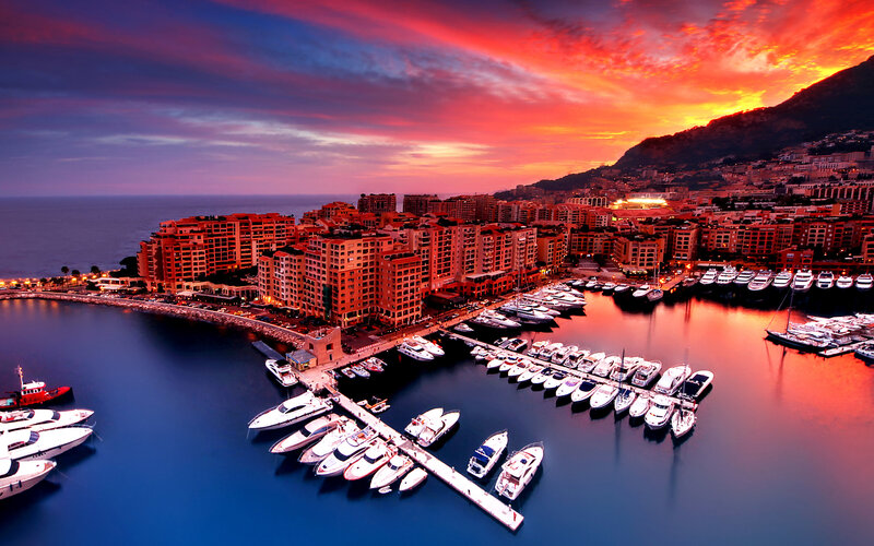 Yachts in Harbor at Sunset — Red, Dramatic