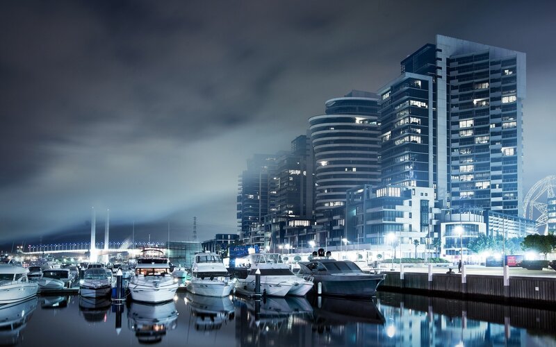 Yachts in Marina — Blue, Dramatic, Night