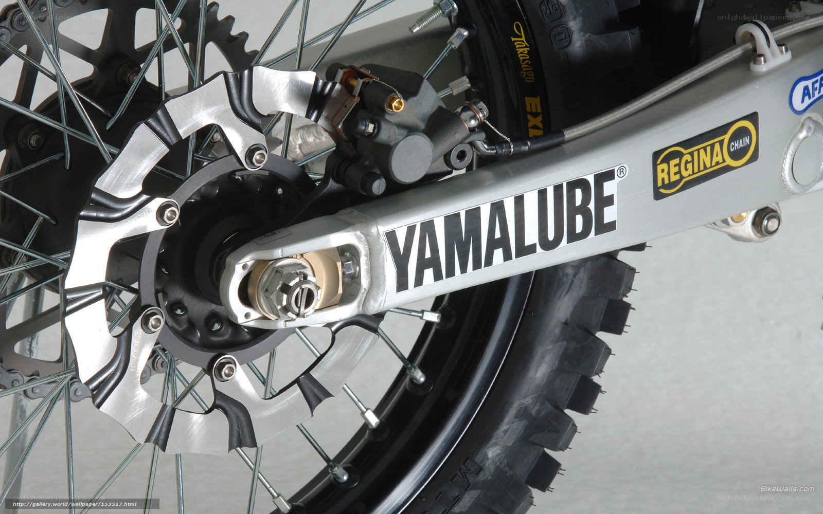 Yamalube branded motorcycle rear wheel