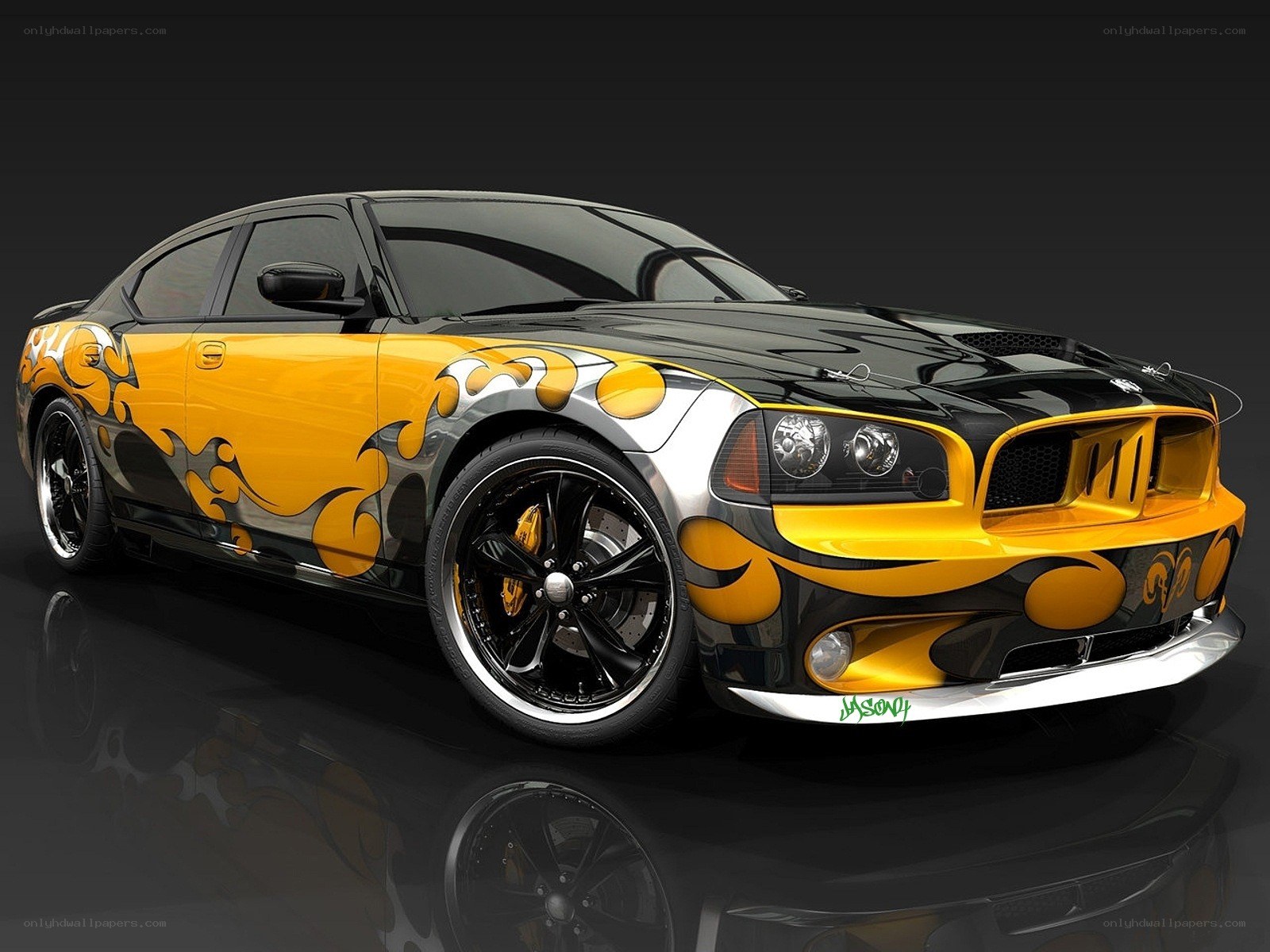 yellow and black flame car