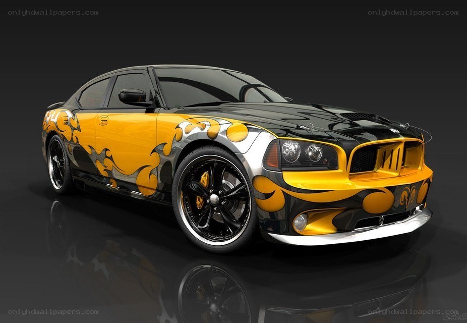 yellow and black flame car