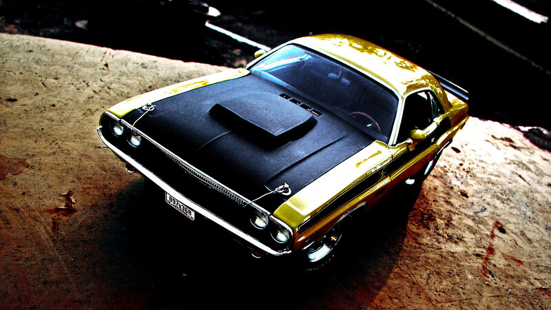 Yellow and Black Muscle Car — Dramatic, Photograph, Hood Scoop
