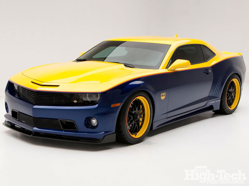 yellow and blue camaro coupe