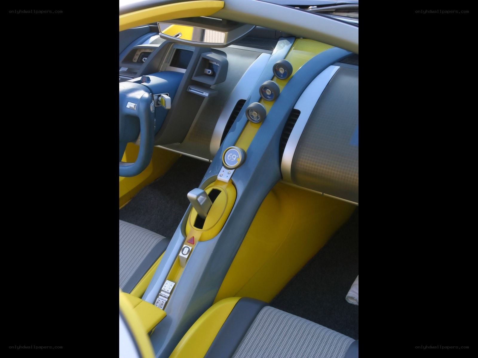 yellow and blue car interior