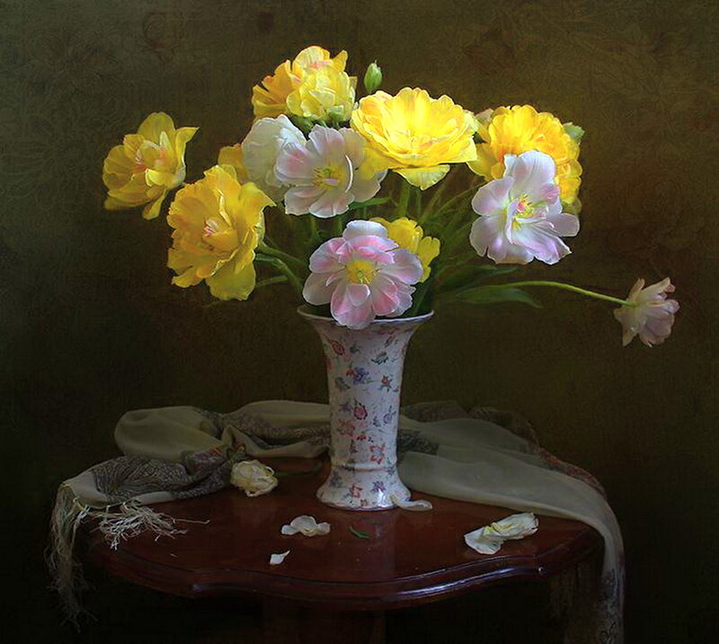 Yellow and Pink Tulips — Serene, Painting