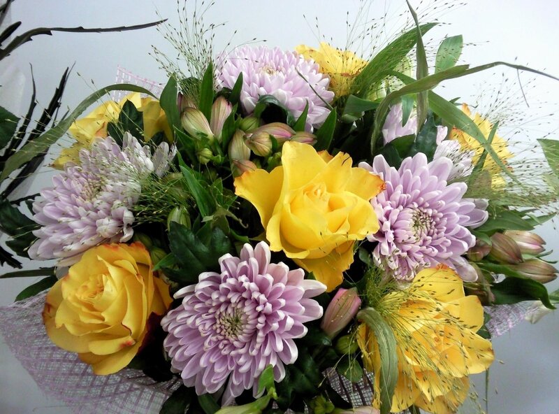yellow and purple flower bouquet
