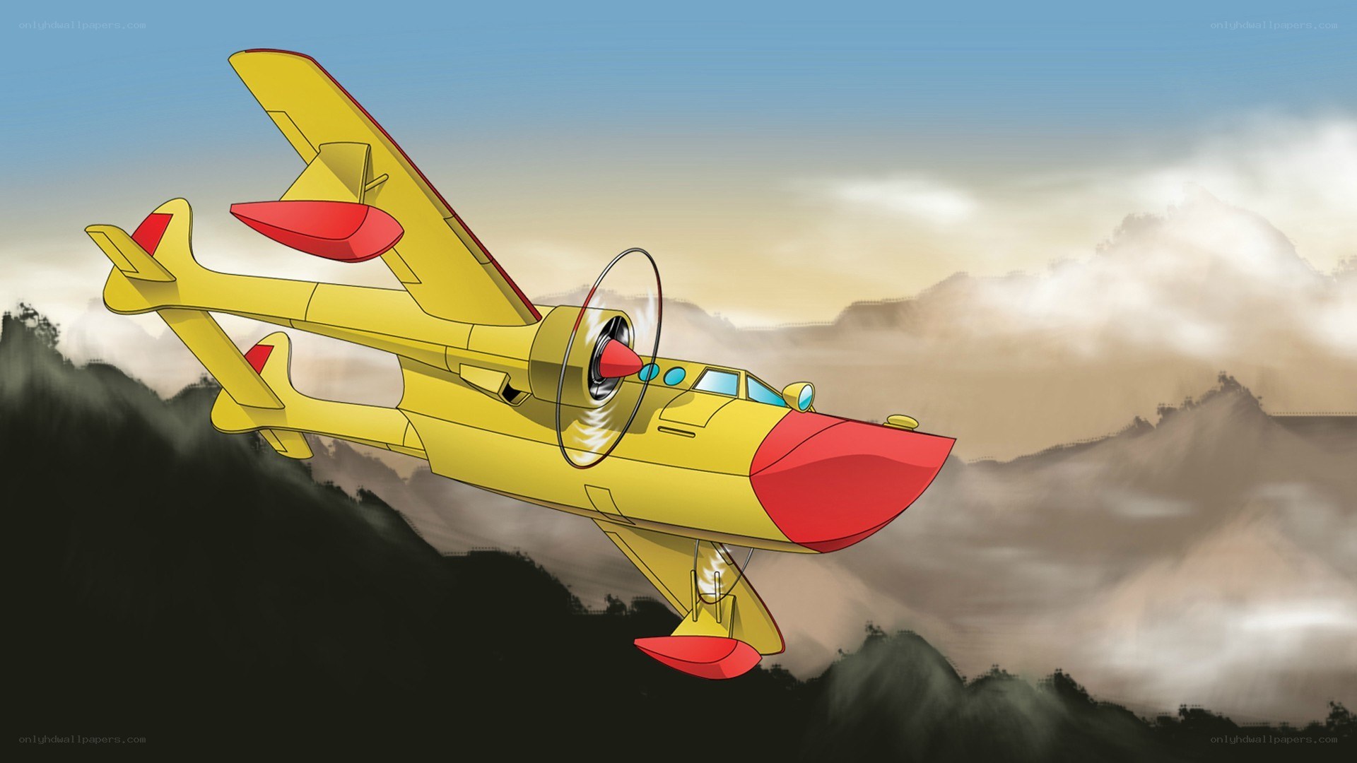 yellow and red airplane flying