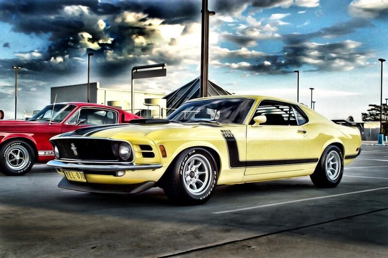 Yellow and red classic muscle cars