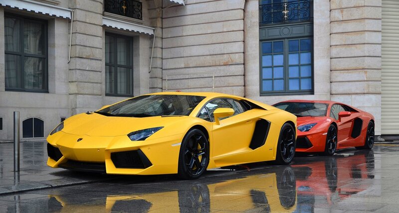 Yellow and red Lamborghini cars