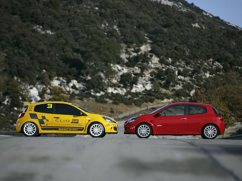 Yellow and red Renault Clio cars