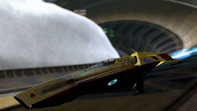 yellow and red spaceship in hangar