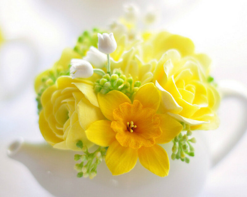 Yellow and White Flowers — Serene, Spring, Photograph, Teapot