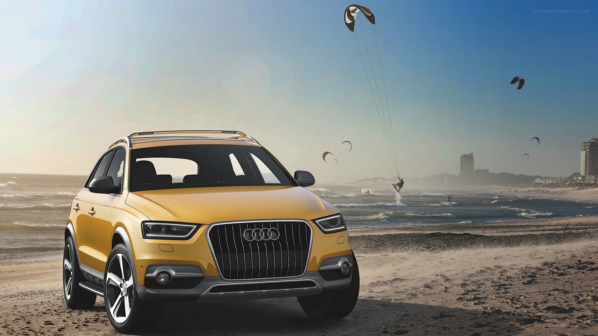 Yellow Audi on the beach