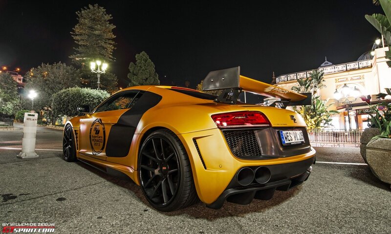 yellow audi r8 at night