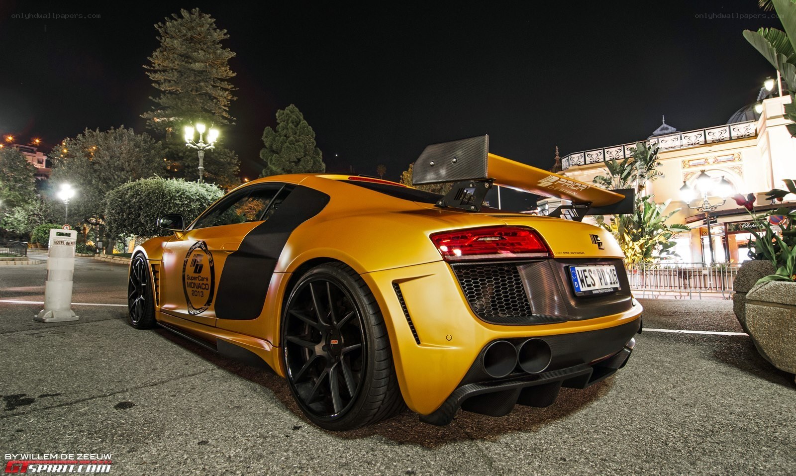 yellow audi r8 at night