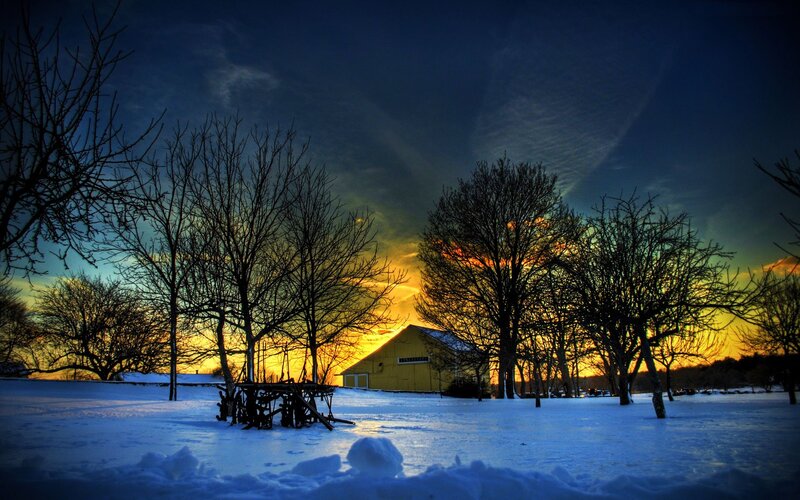 Yellow Barn in Snow — Blue, Dramatic