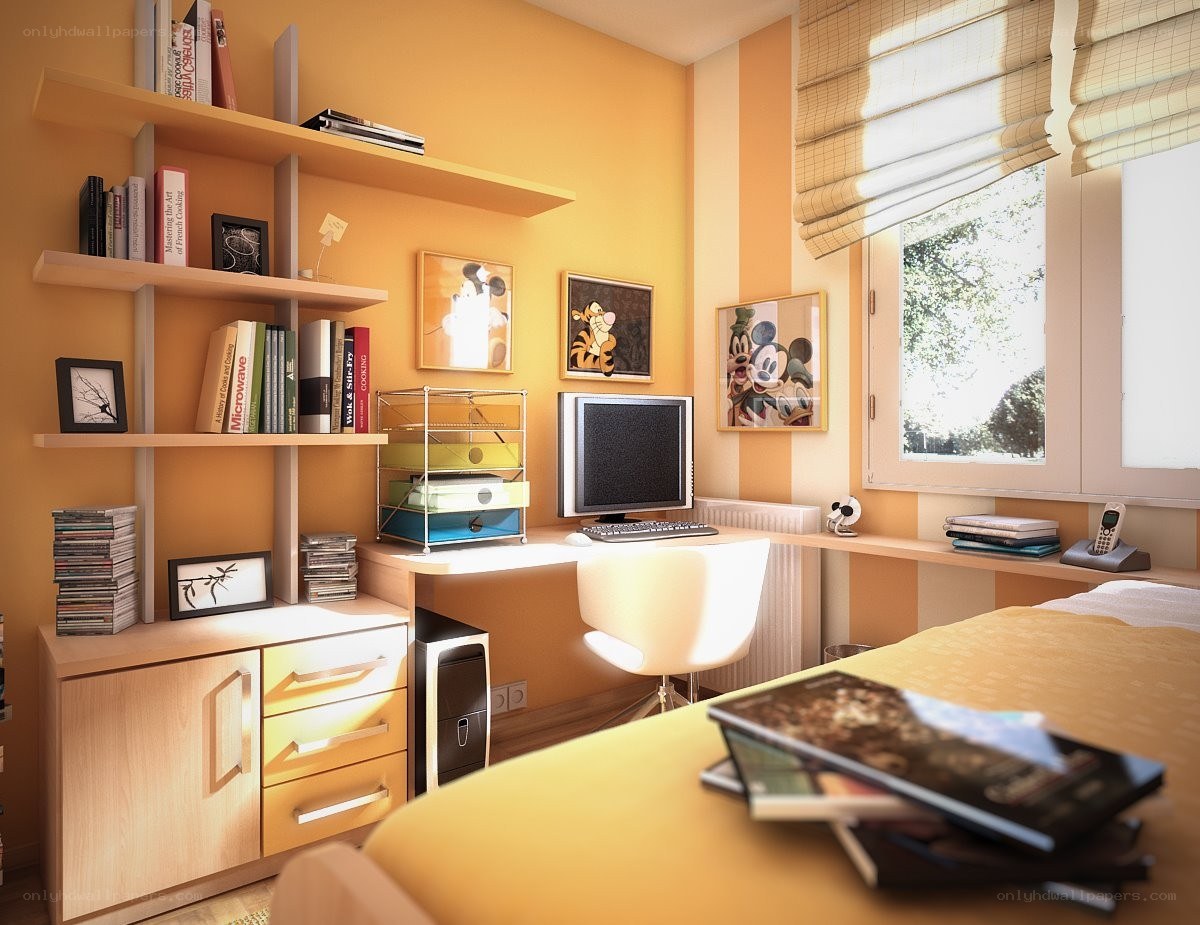 yellow bedroom with desk