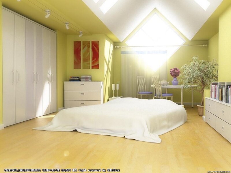 yellow bedroom with skylight