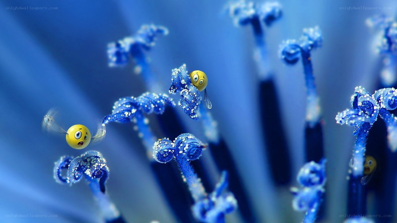yellow bees on blue flowers