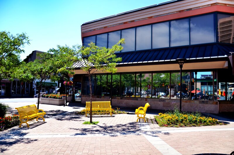 Yellow Benches in Plaza — Calm