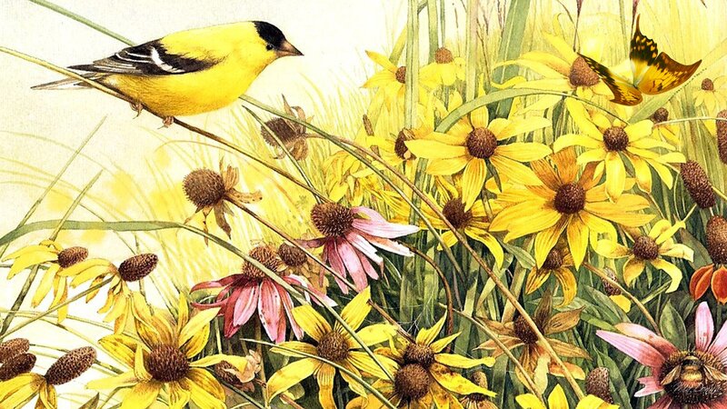 Yellow Bird in Flowers