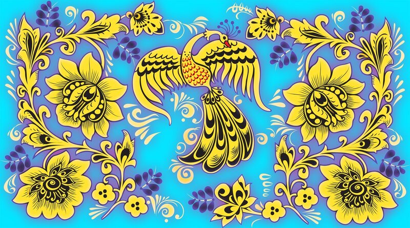Yellow Bird with Flowers — Blue