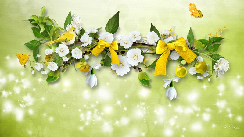 Yellow Bird with Flowers — Green