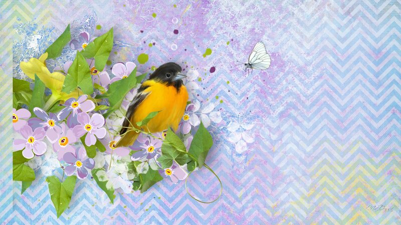 Yellow Bird with Flowers — Purple