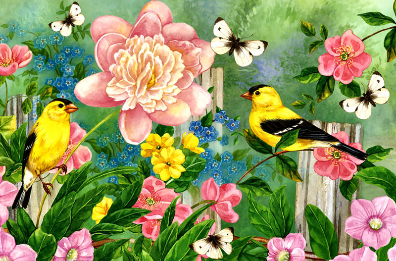 Yellow Birds in Garden — Green