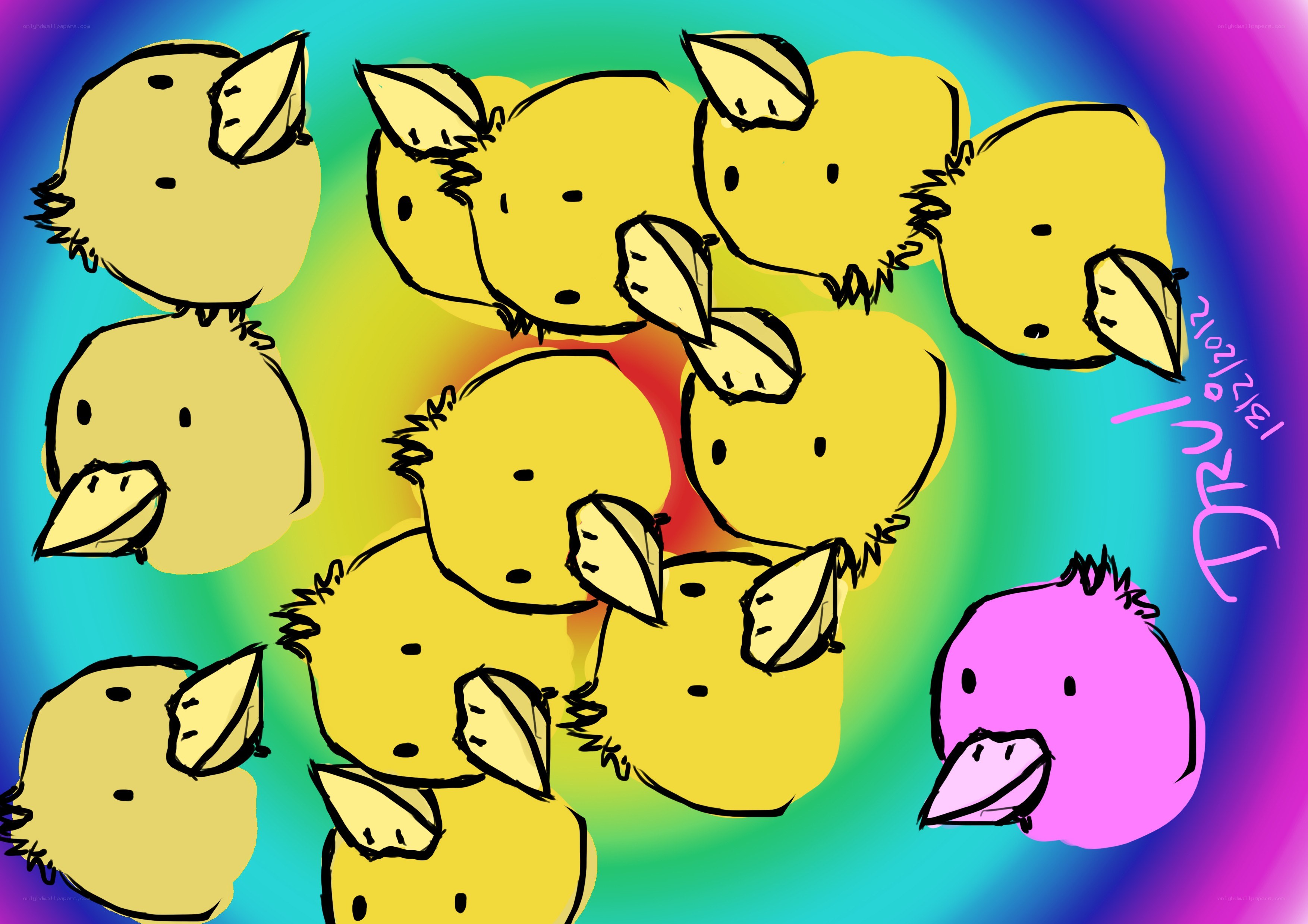 yellow birds on rainbow background