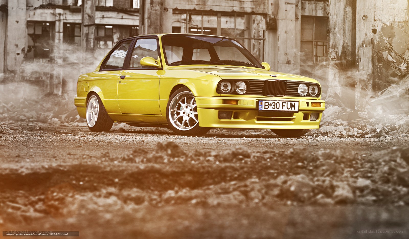 yellow bmw in abandoned building