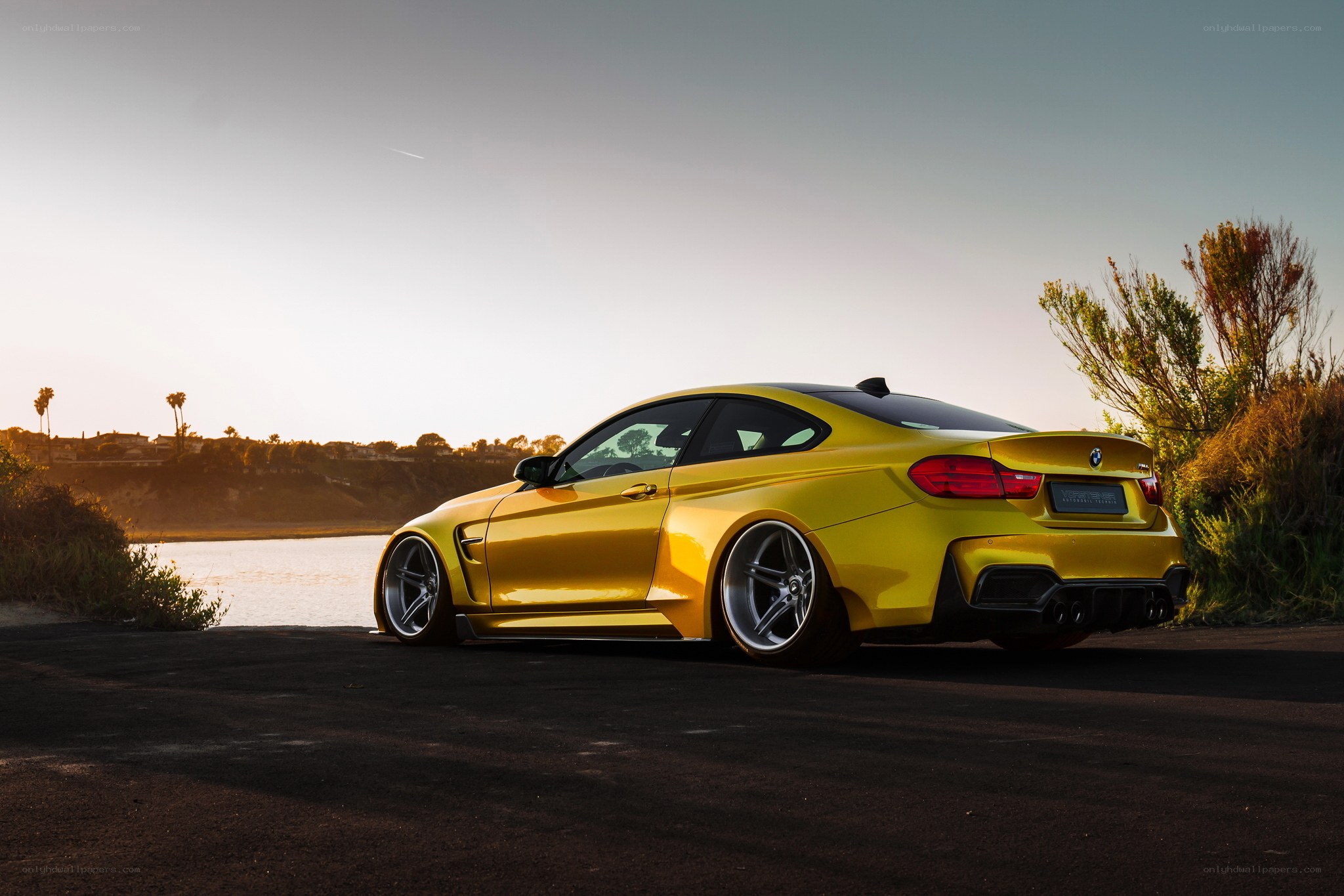 yellow BMW M4 by the water