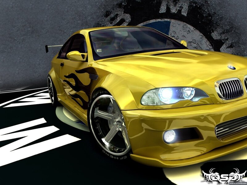 yellow bmw with flame decals