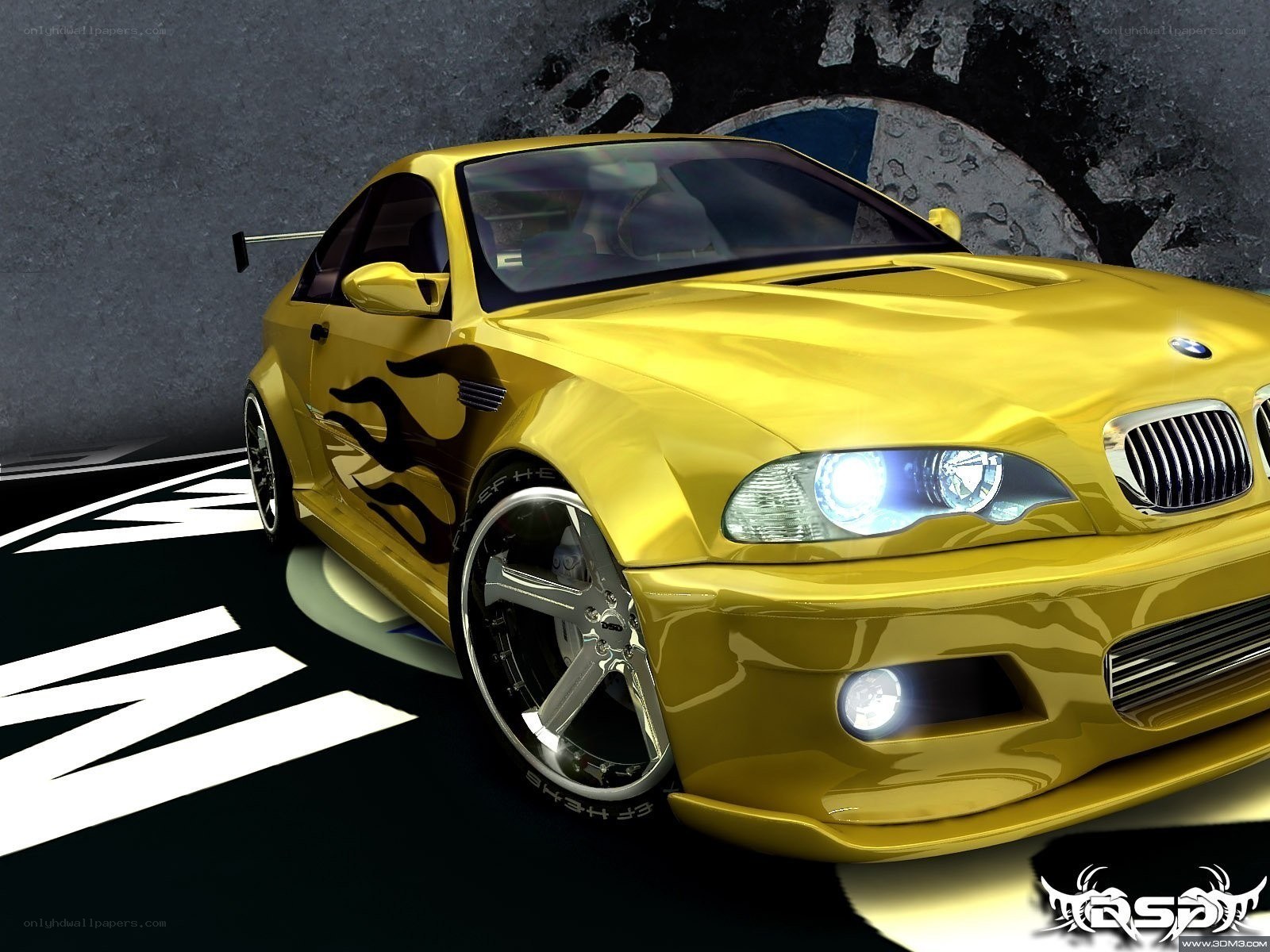 yellow bmw with flame decals