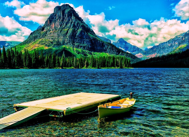Yellow Boat at Dock — Blue, Serene, Afternoon