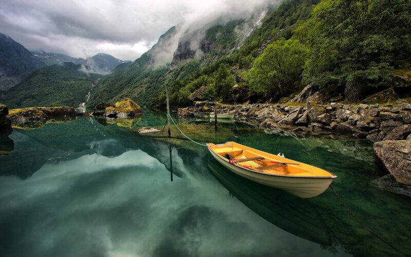 Yellow Boat in Fjord — Green
