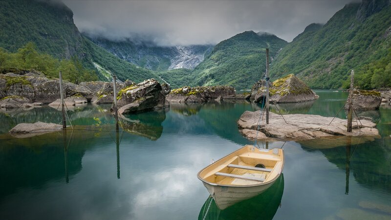 Yellow Boat in Fjord