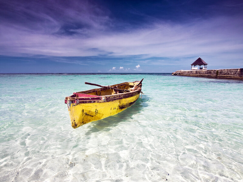 Yellow Boat in Shallow Water — Blue, Serene