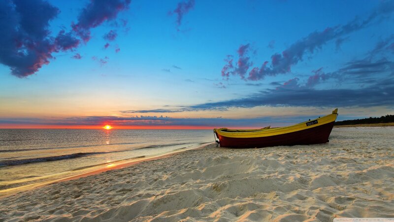 Yellow Boat on Beach — Blue, Serene, Sunset, Photograph, Ocean, Sky