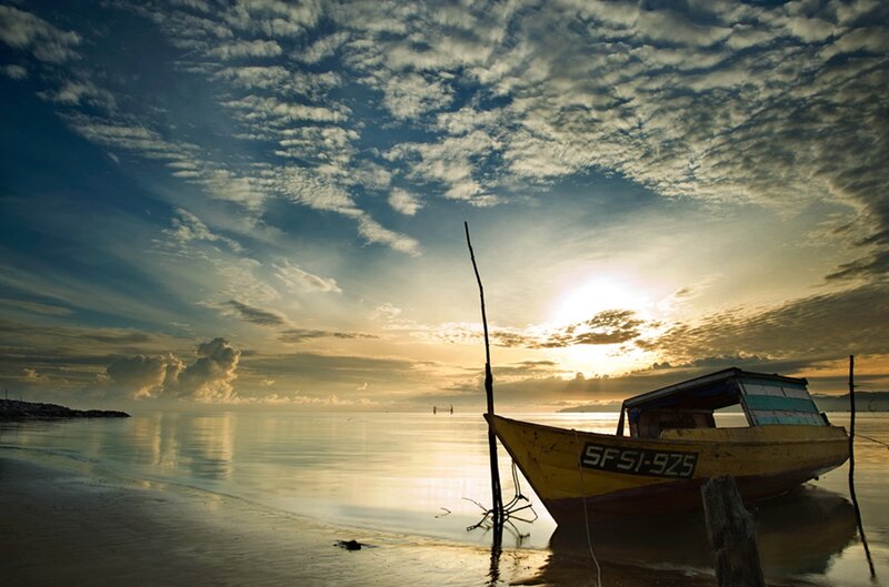 Yellow Boat on Beach — Blue, Serene