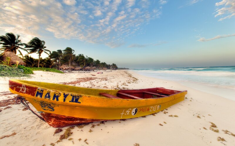 Yellow Boat on Beach — Serene, Sunset, Photograph